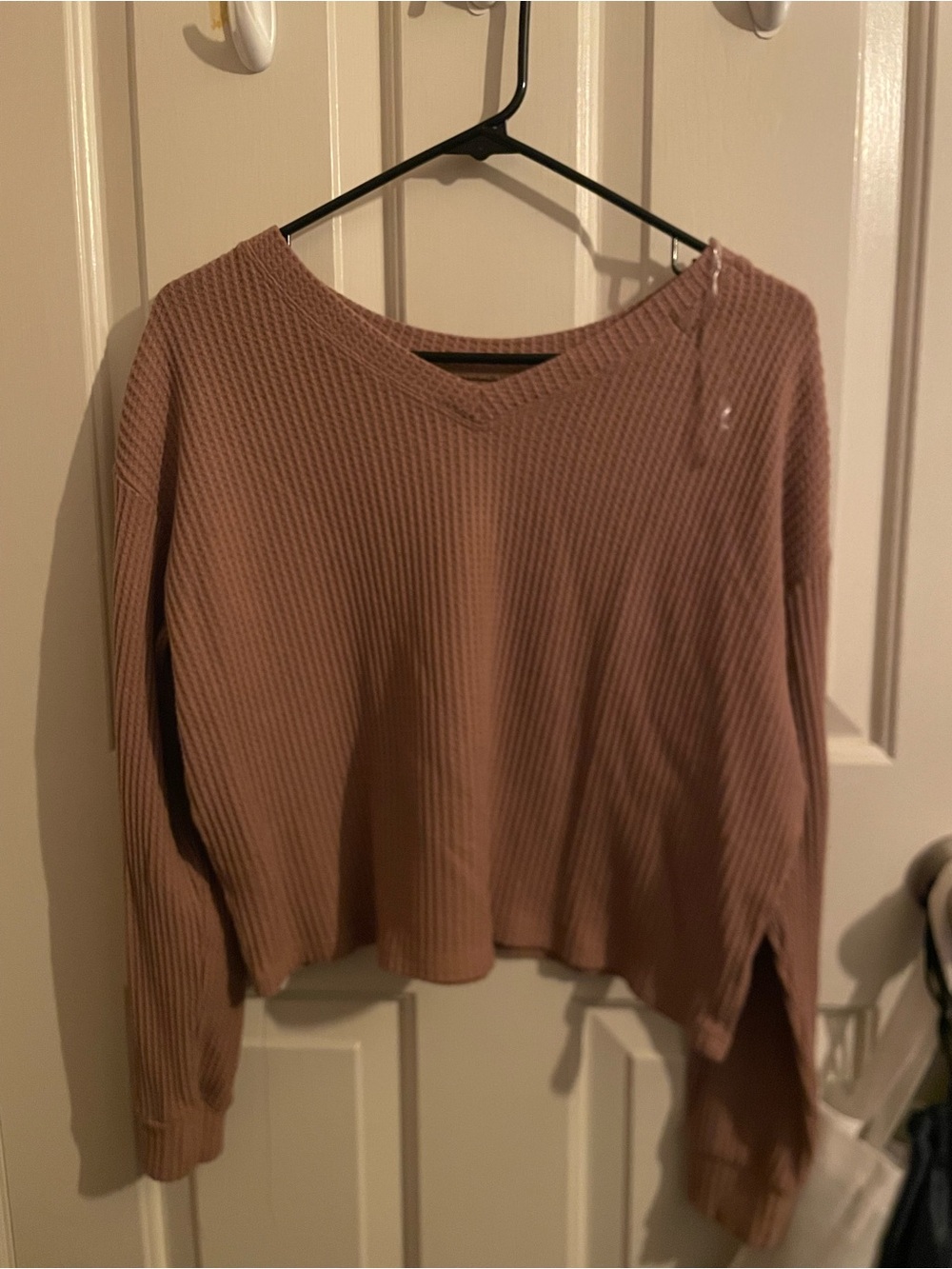 Aeropostale Dusty Mauve Waffle-Knit V-Neck Long Sleeve Top Cropped